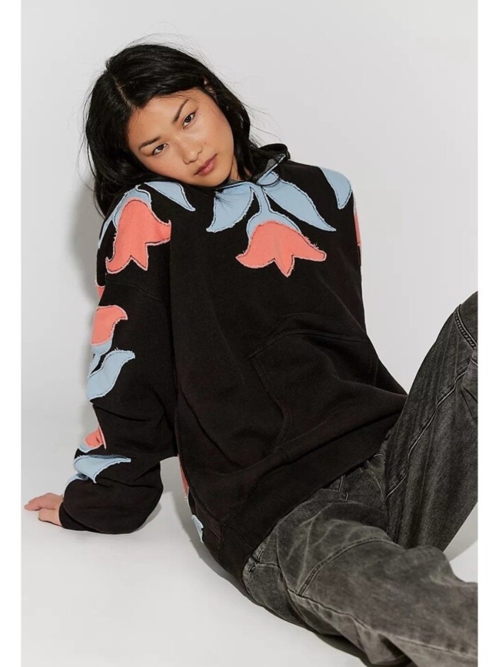 Free People We The Free It's A Vibe Flowers Hoodie Black Combo Sz Large NWT NEW